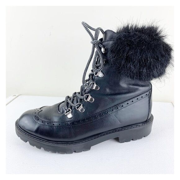 Charles David Ramses Combat Style Black Leather Fur Trim Lug Sole Warm Bootie - Picture 2 of 9